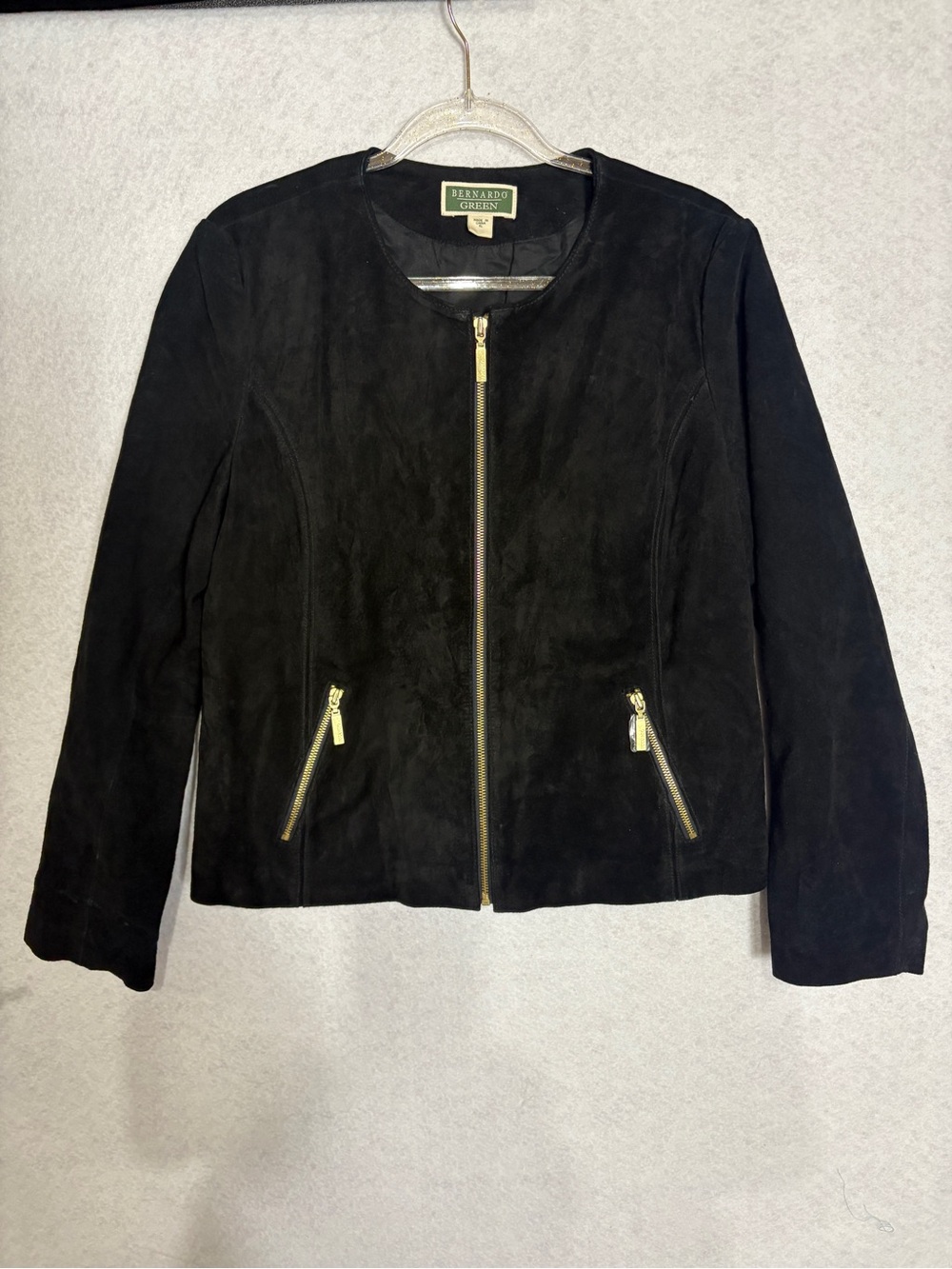Bernardo Black Suede Zip-Front Jacket with Gold Hardware